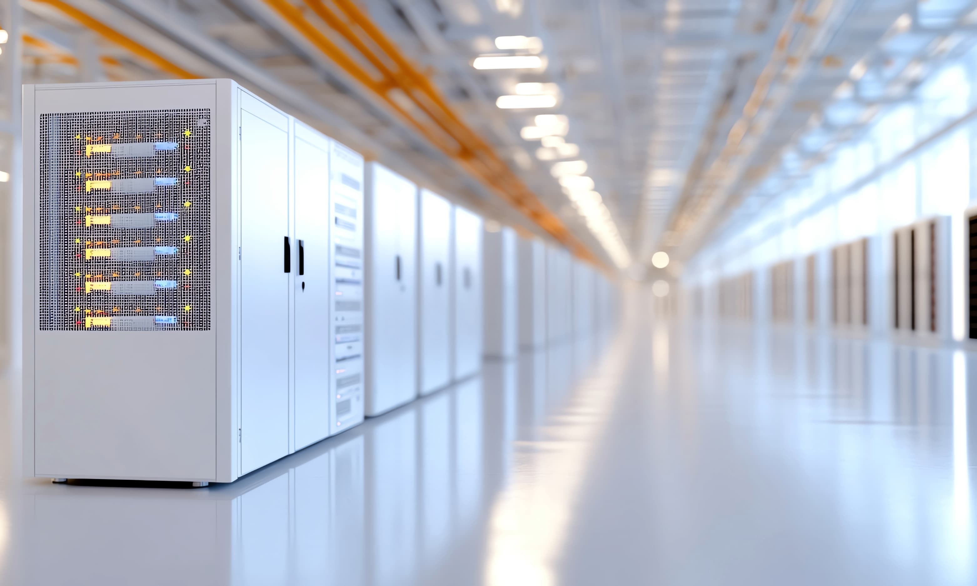 A white uninterruptible power supply cabinet with illuminated battery modules, standing at the head of a long row of cabinets in a bright data hall.
